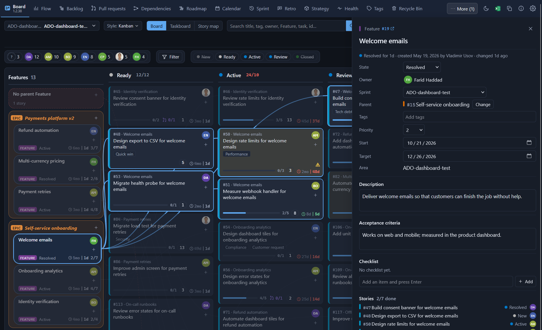 The board, in dark mode